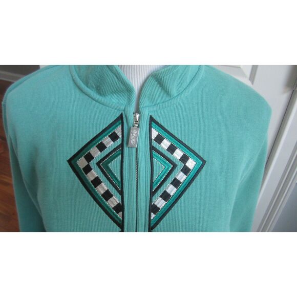 Bob Mackie Laser Cut Zip Front Embroidered Long Sleeve Teal Green Mock Collar Lg - Picture 2 of 4